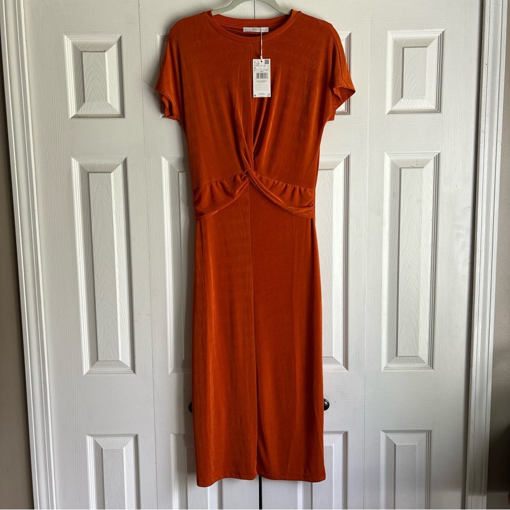 Mango Orange Midi Dress with Front Twist